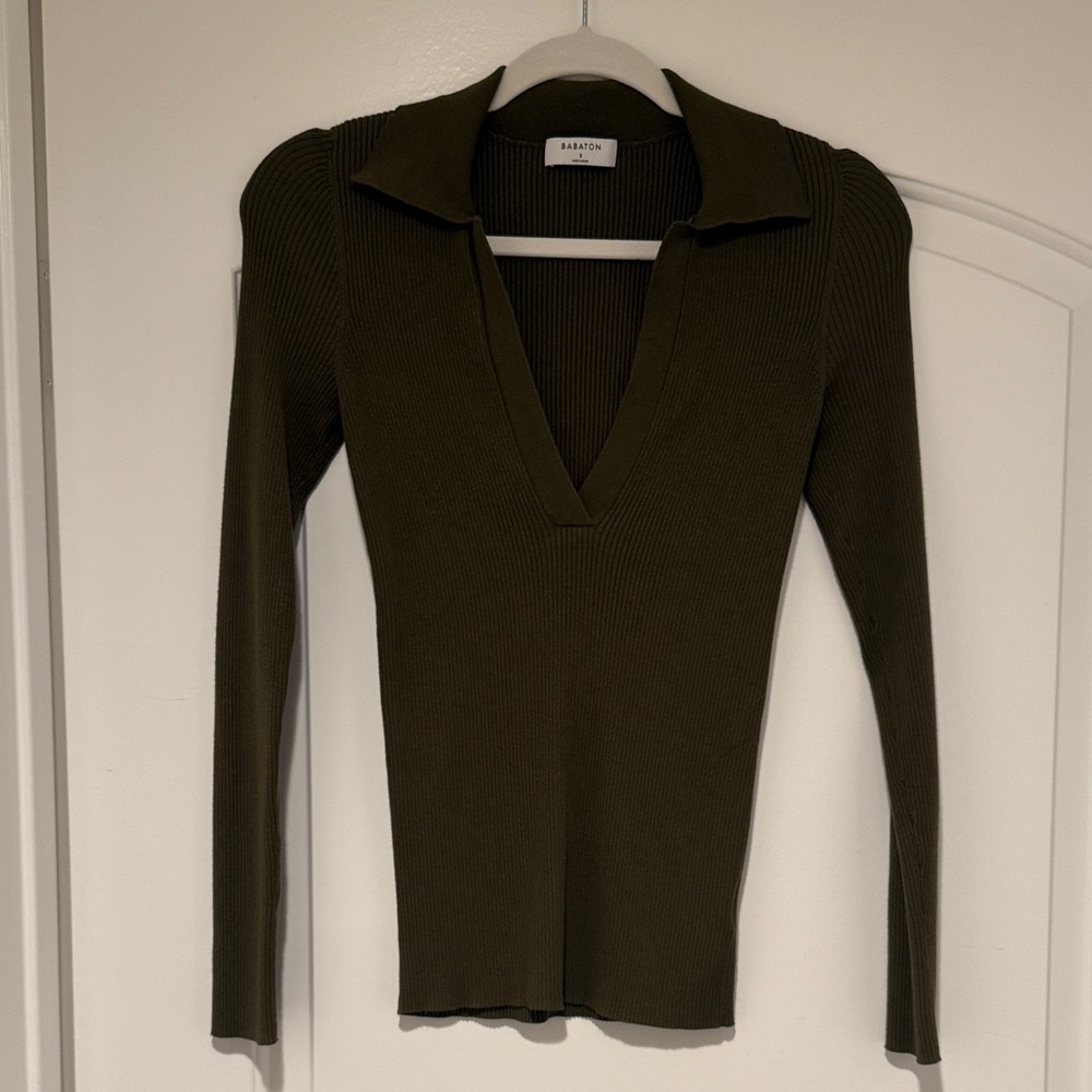 Babaton (Aritzia) Green Ribbed Long Sleeve Top - Picture 2 of 4